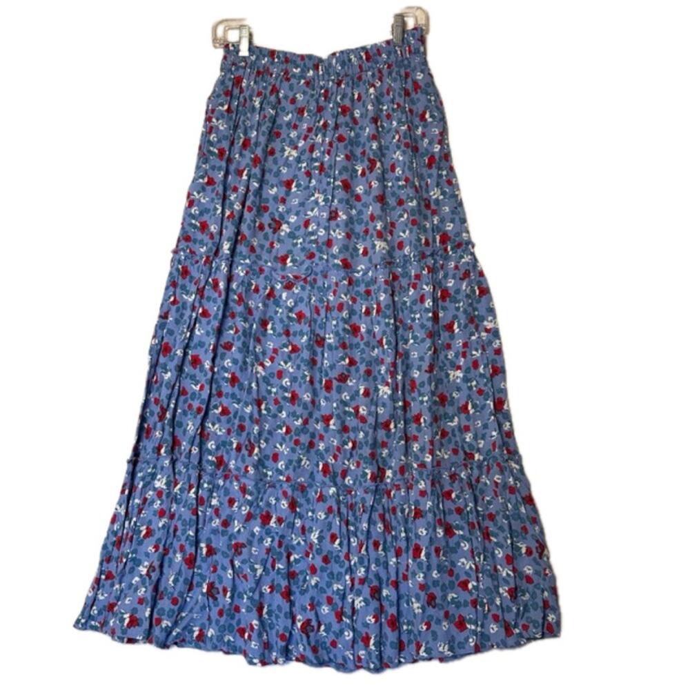 Anthropologie Rue Stiic Floral Tiered Maxi Skirt Size S Cottagecore Flowy Blue